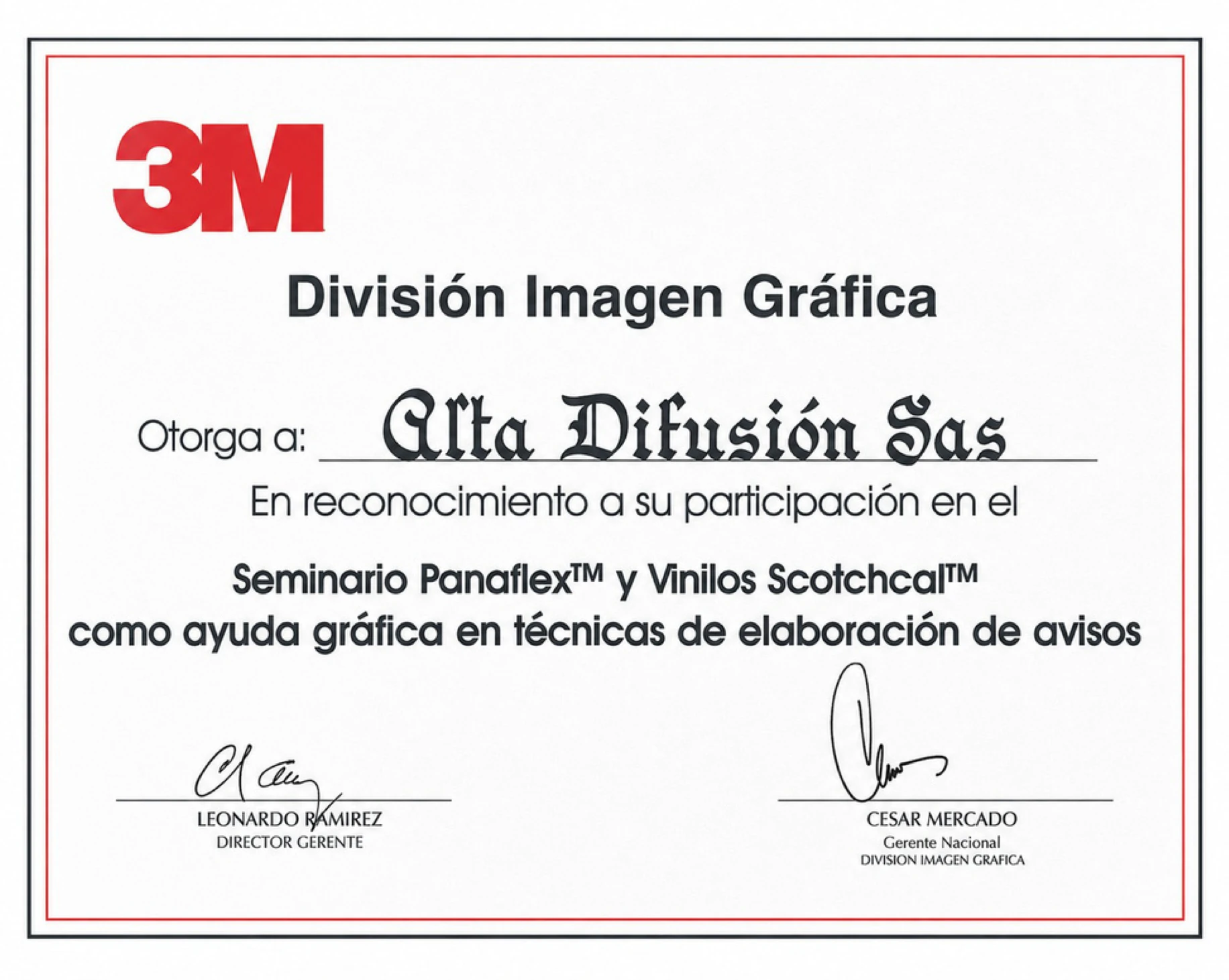 Certificado de participación de Alta Difusión en seminario de 3M sobre Panaflex y vinilos Scotchcal
